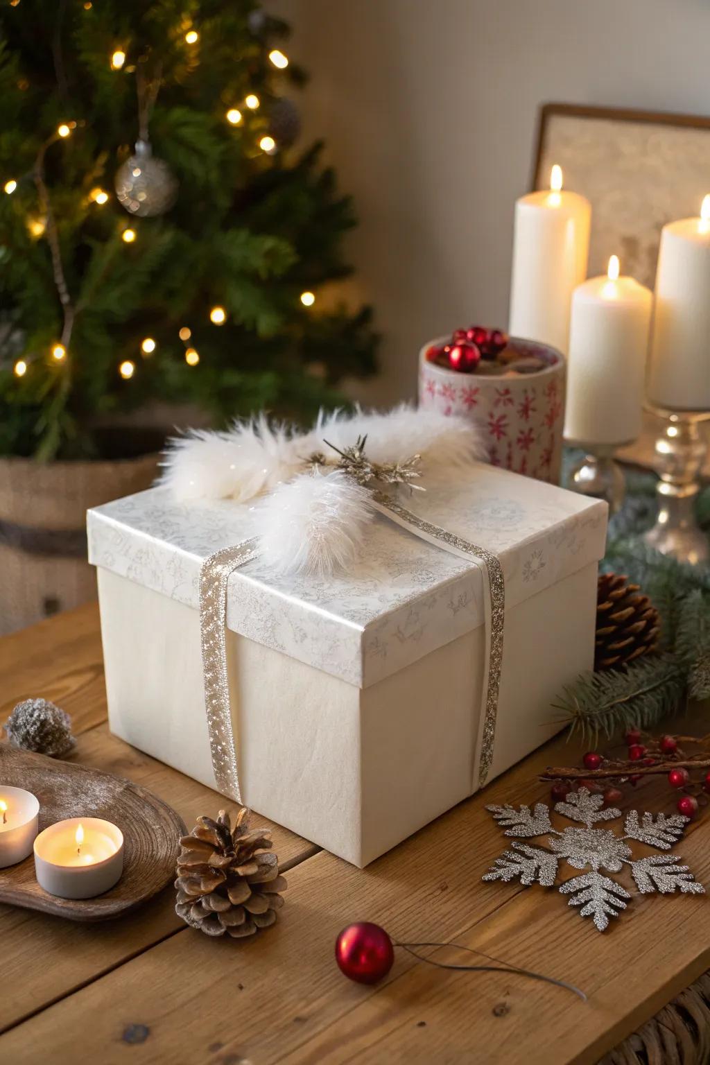 Imitation fur trimming incorporates a luxurious touch to Santa containers.