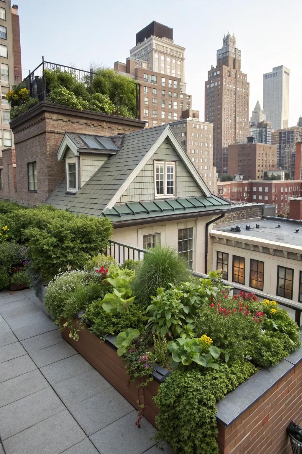 Urban home featuring a rooftop garden on the shed dormer.