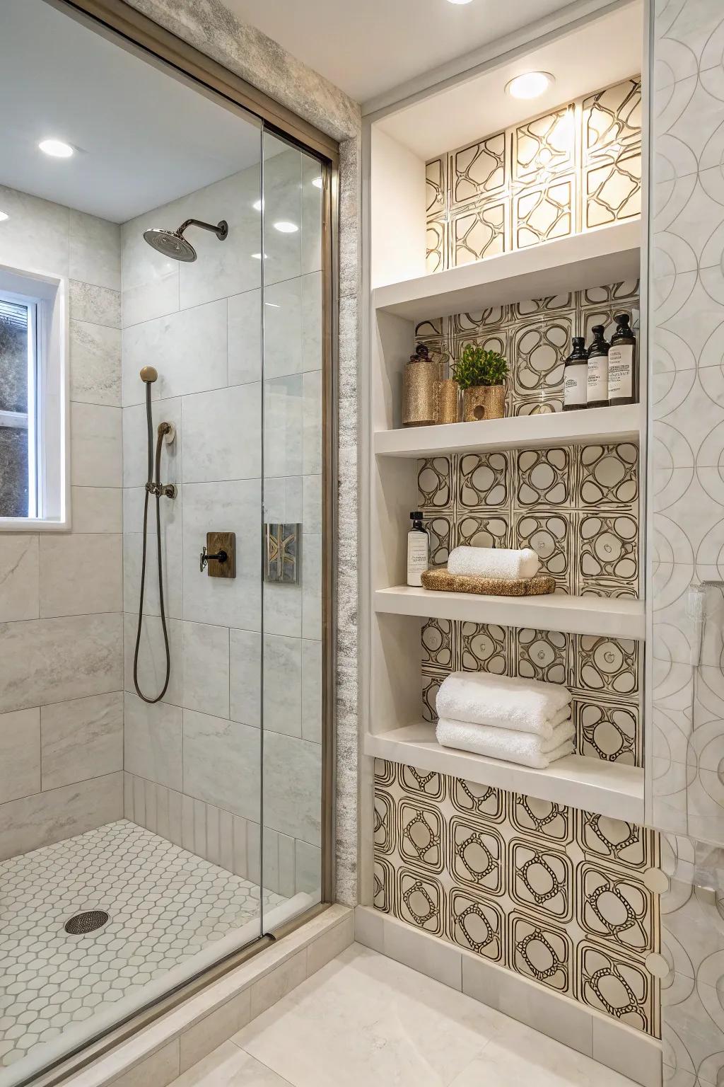 Recessed shelving keeps your shower essentials neatly organized.