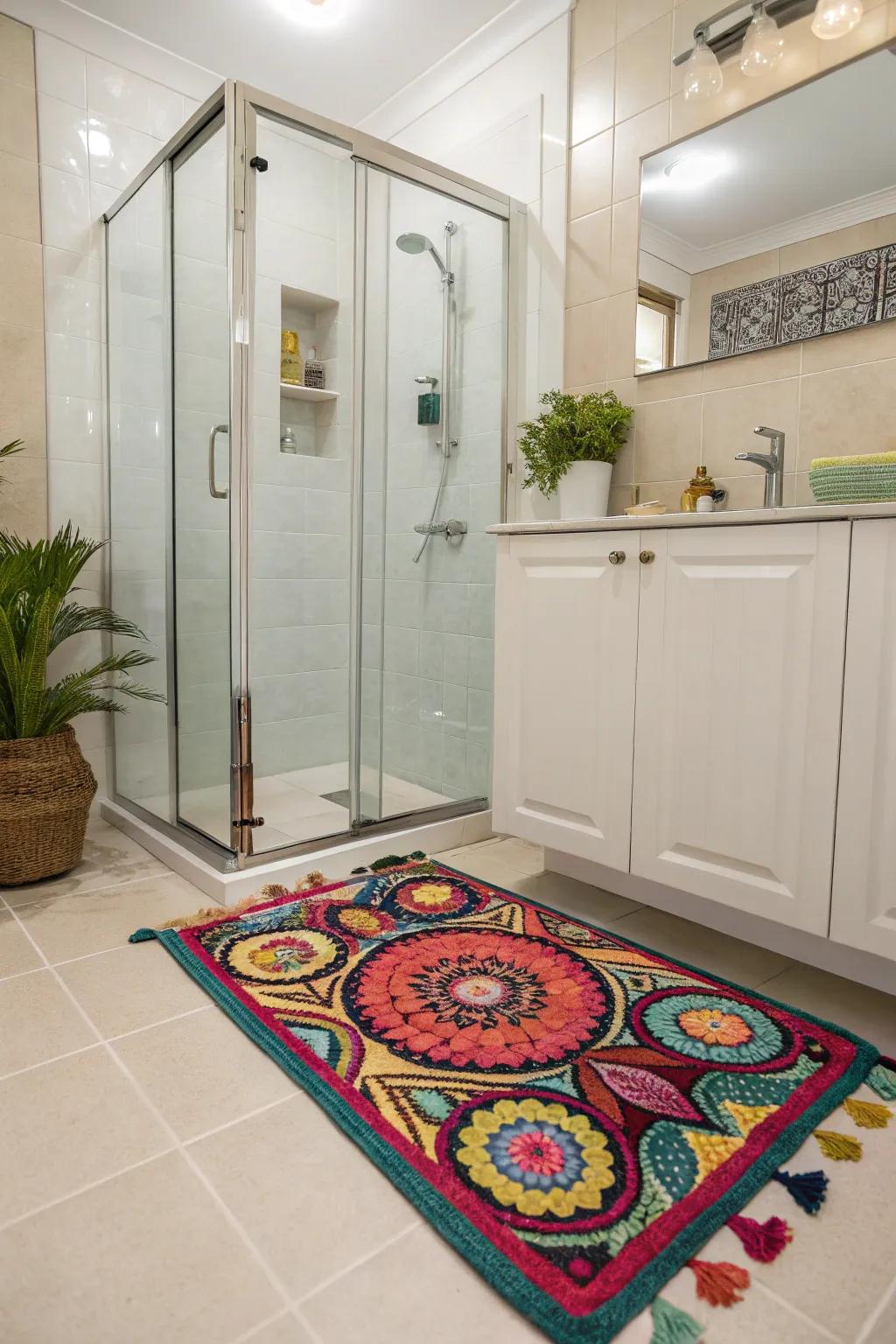 A vibrant rug adding color and warmth to the shower area.