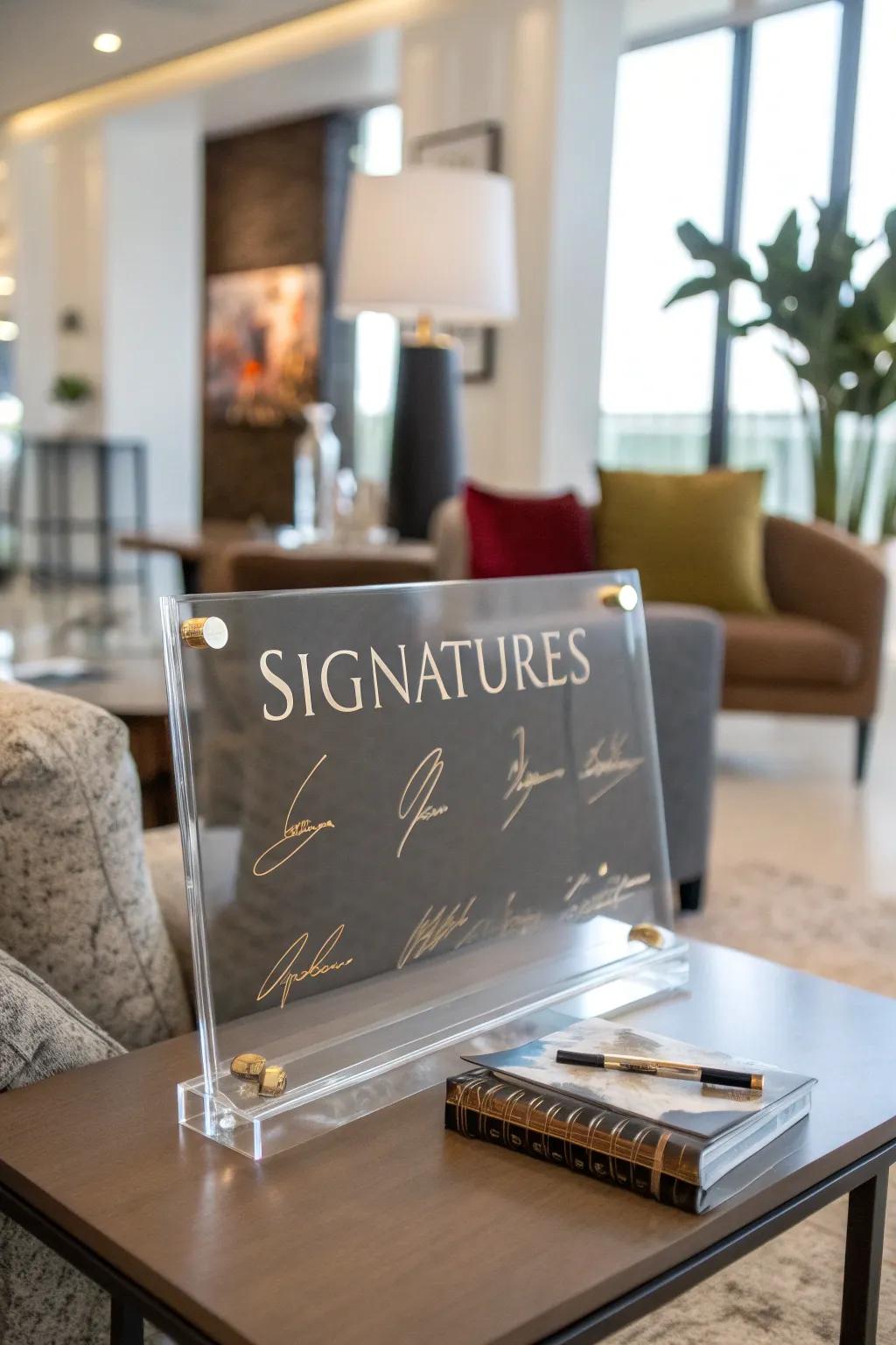 Acrylic sign-in boards offer a sleek, modern touch to any event.