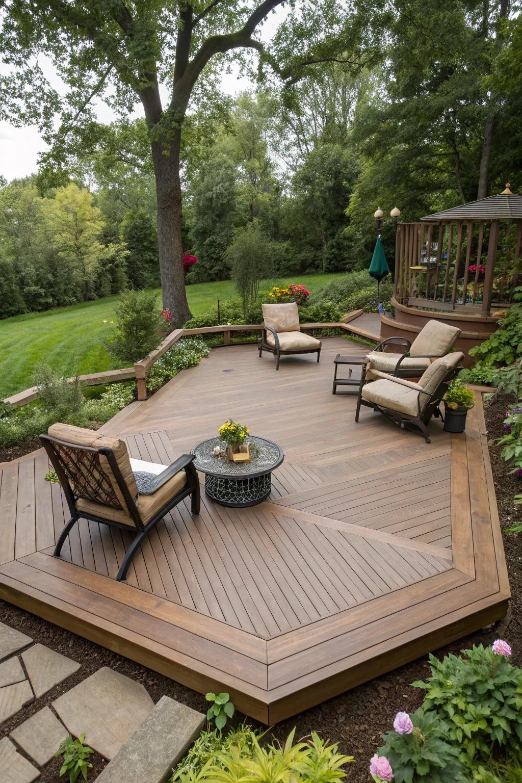 An unusually shaped deck adds architectural interest to your outdoor space.