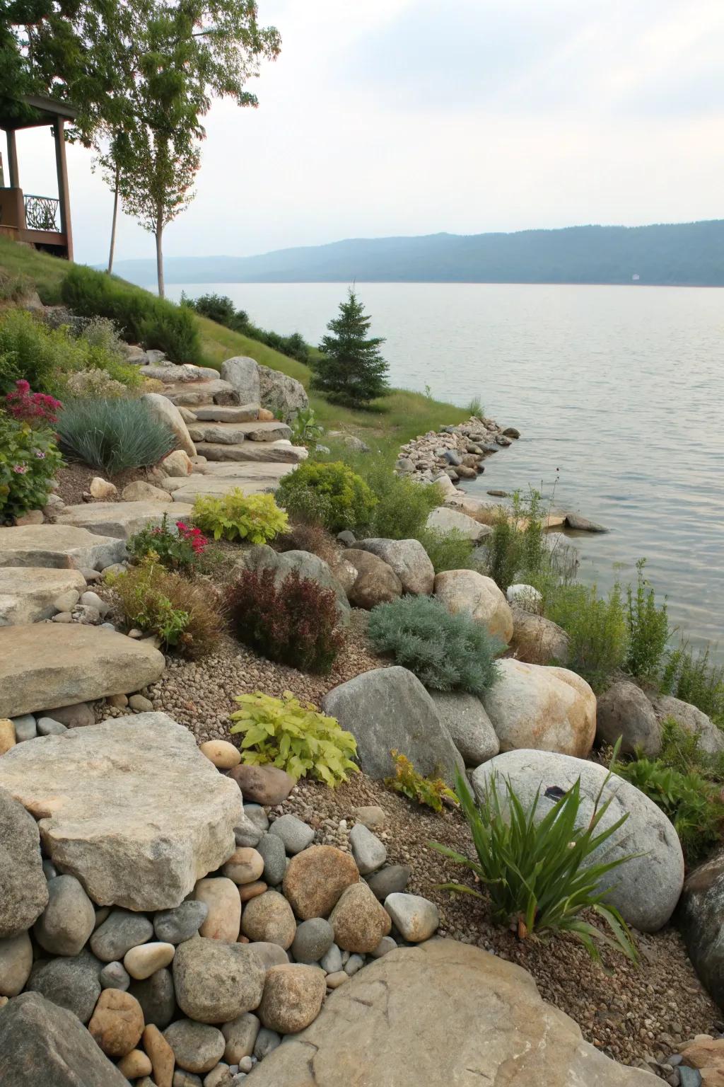 A captivating rock garden adding texture and interest to the slope.