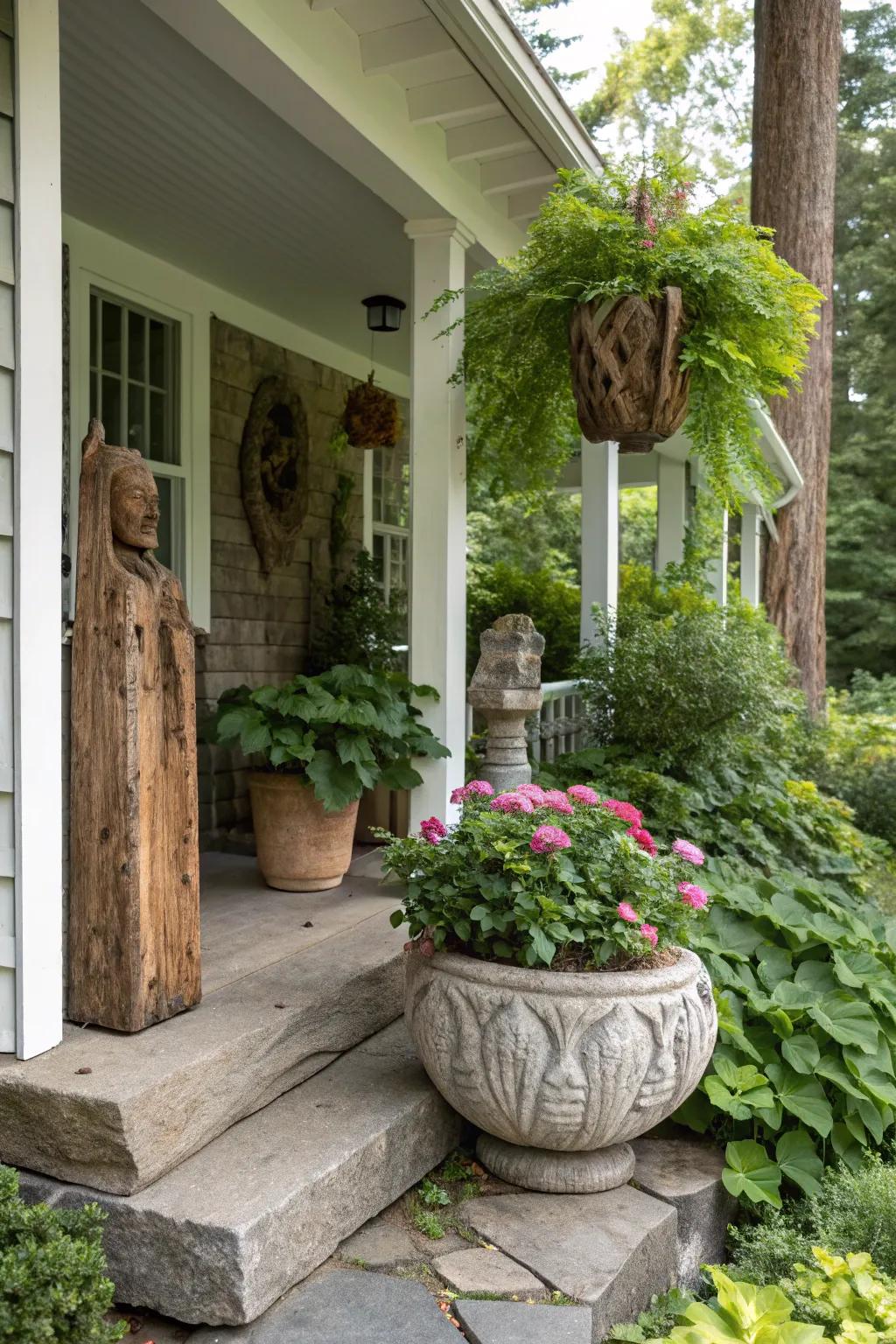 Nature-inspired decor brings an organic touch to a small porch.