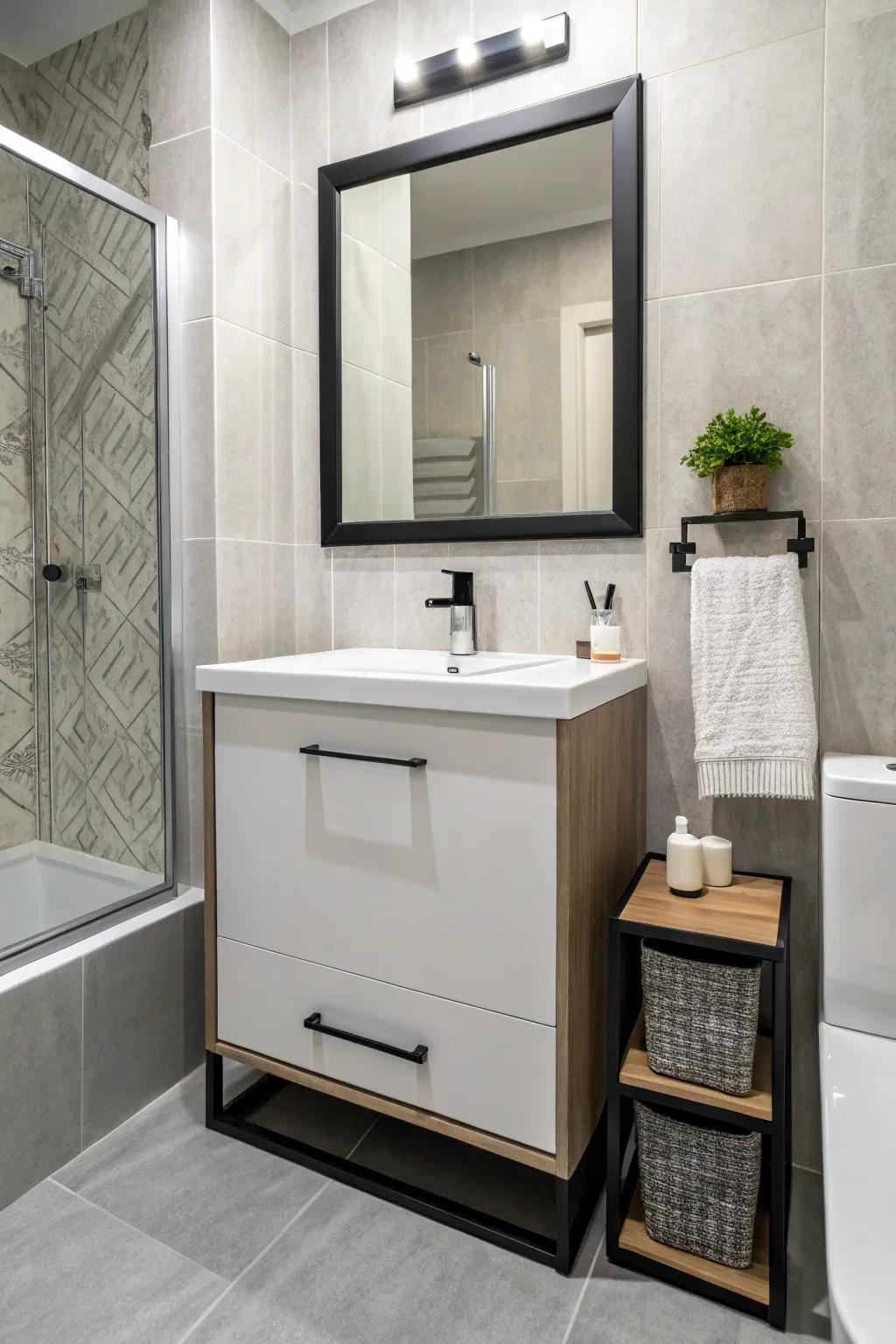 A slim vanity offers storage without crowding a small bathroom.