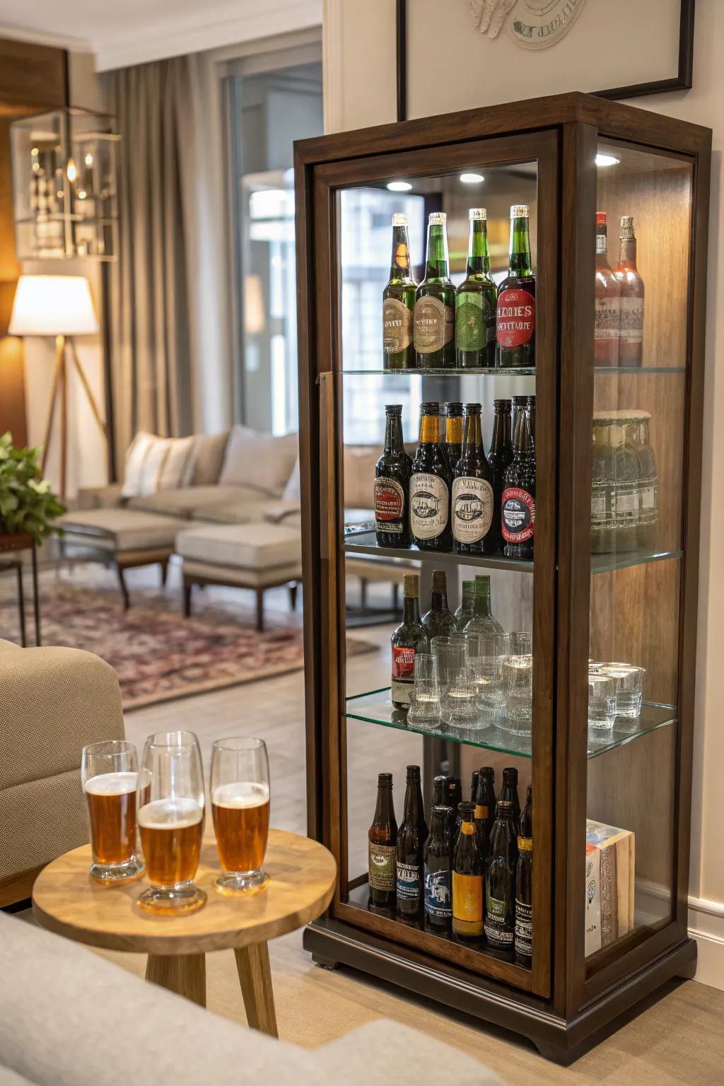 Sophisticated glass cabinet display designed for beer devotees.