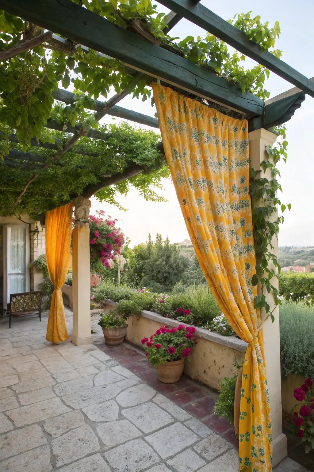 Colorful curtains bring a lively touch to a small pergola.