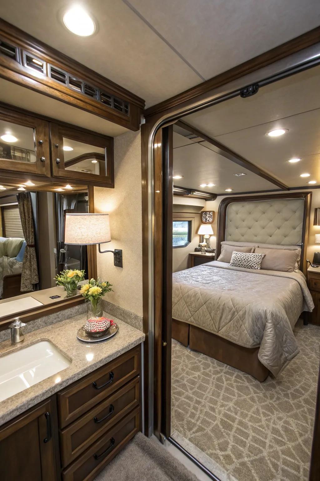 Reflective surfaces make your RV bedroom feel larger and more open.