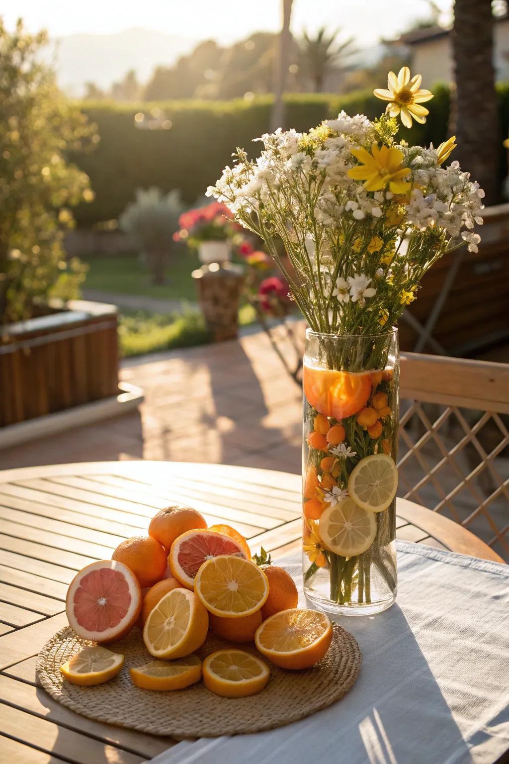 Citrus slices with flowers create a vibrant summer arrangement.