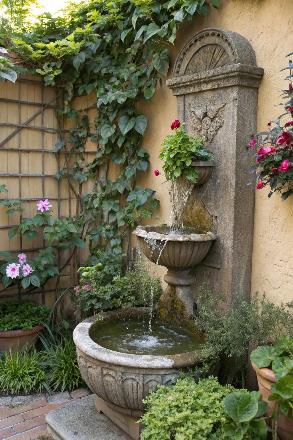 A wall-mounted solar fountain crafting a striking vertical water display.