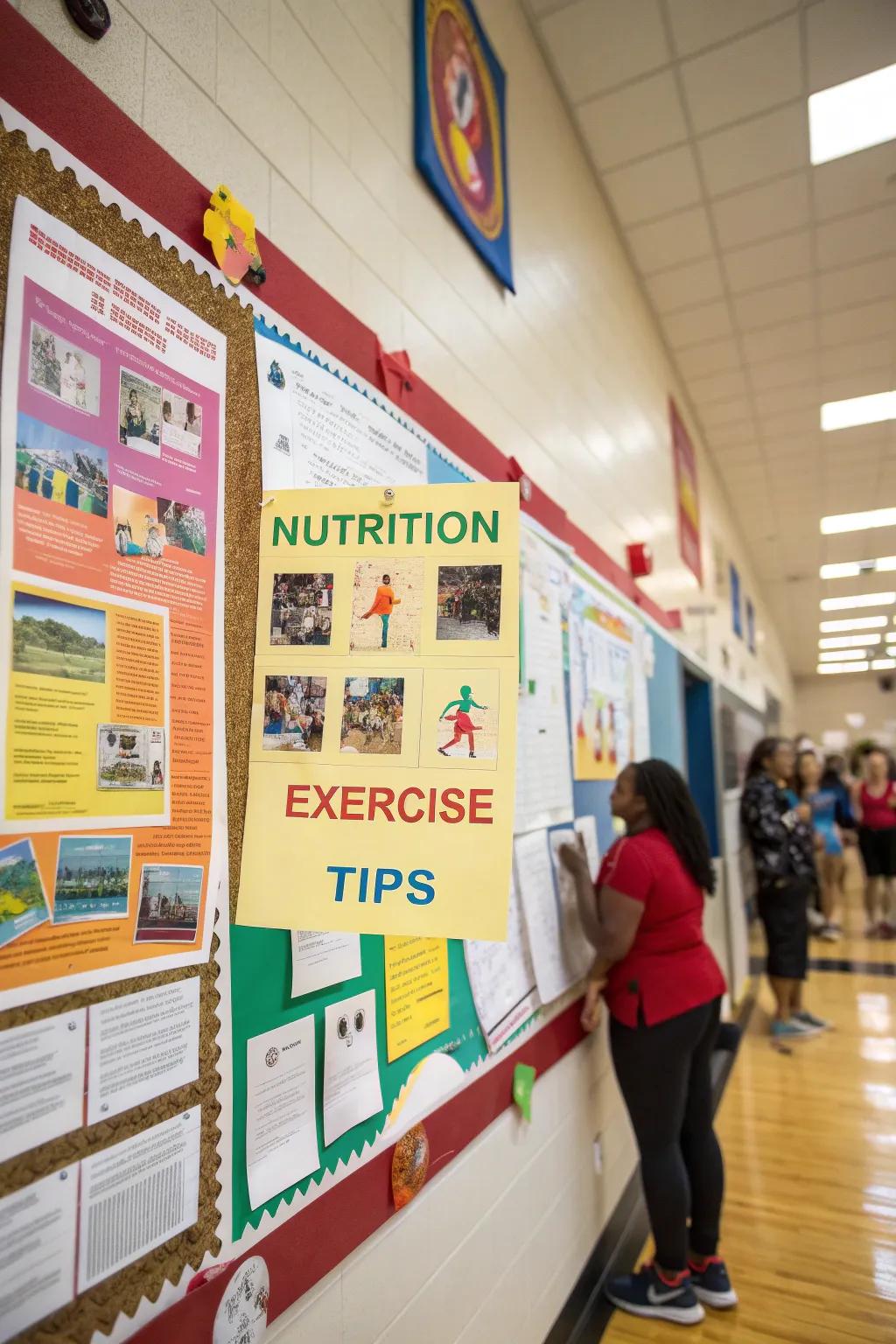 A health-focused bulletin board with vibrant nutrition and exercise tips.