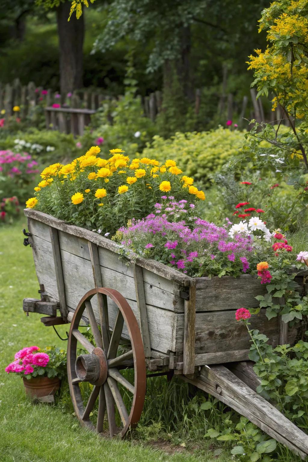 A vintage wagon repurposed as a charming planter.
