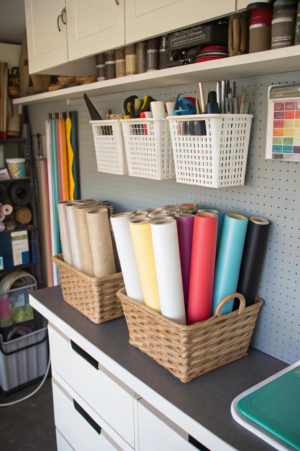 Hanging baskets save space and keep vinyl off the floor.