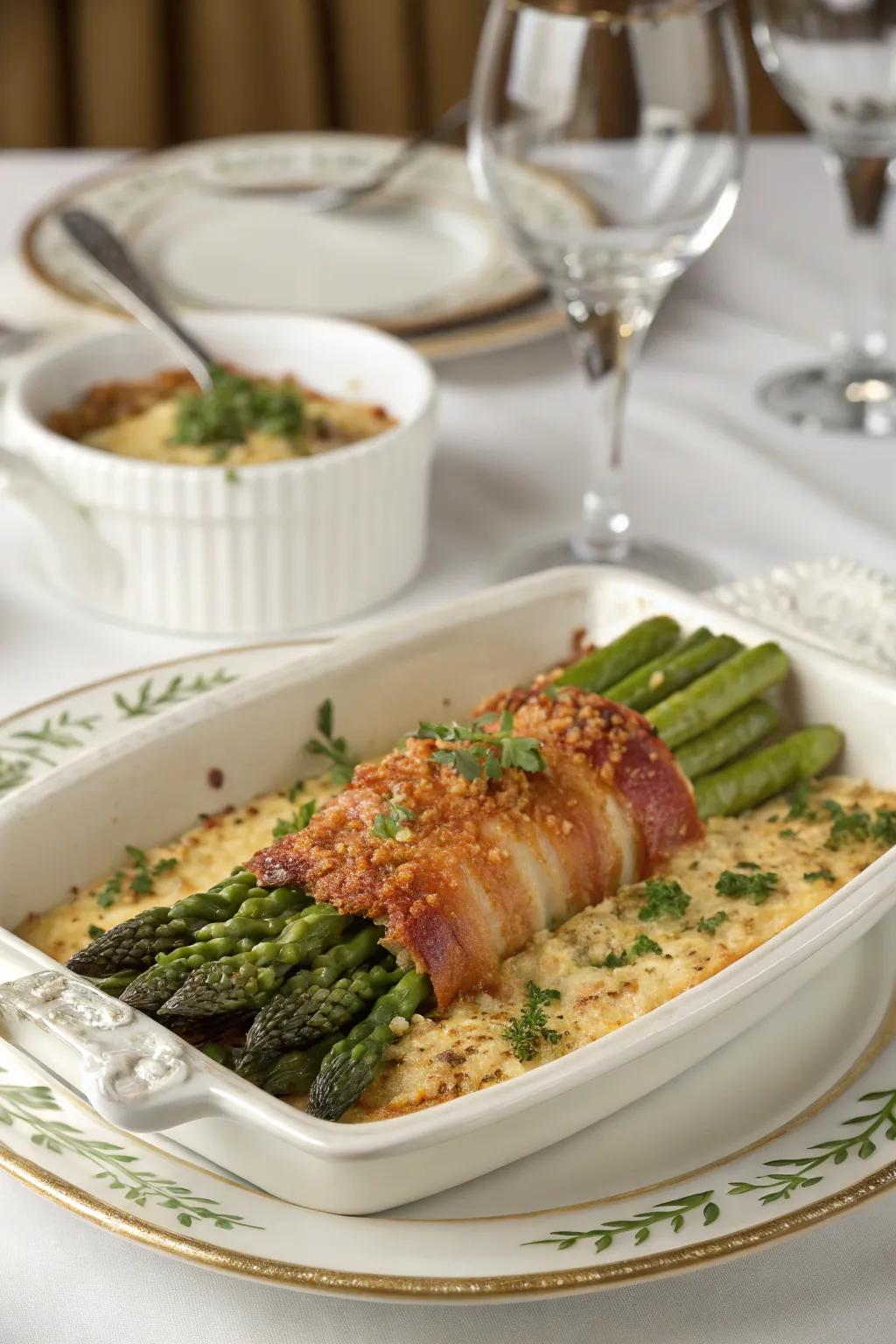 Bacon-wrapped asparagus casserole, a sophisticated delight.