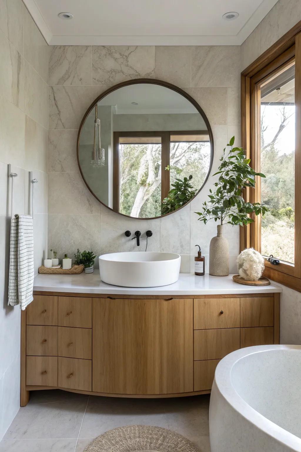 A modern bathroom featuring a round vanity for a soft and inviting aesthetic.