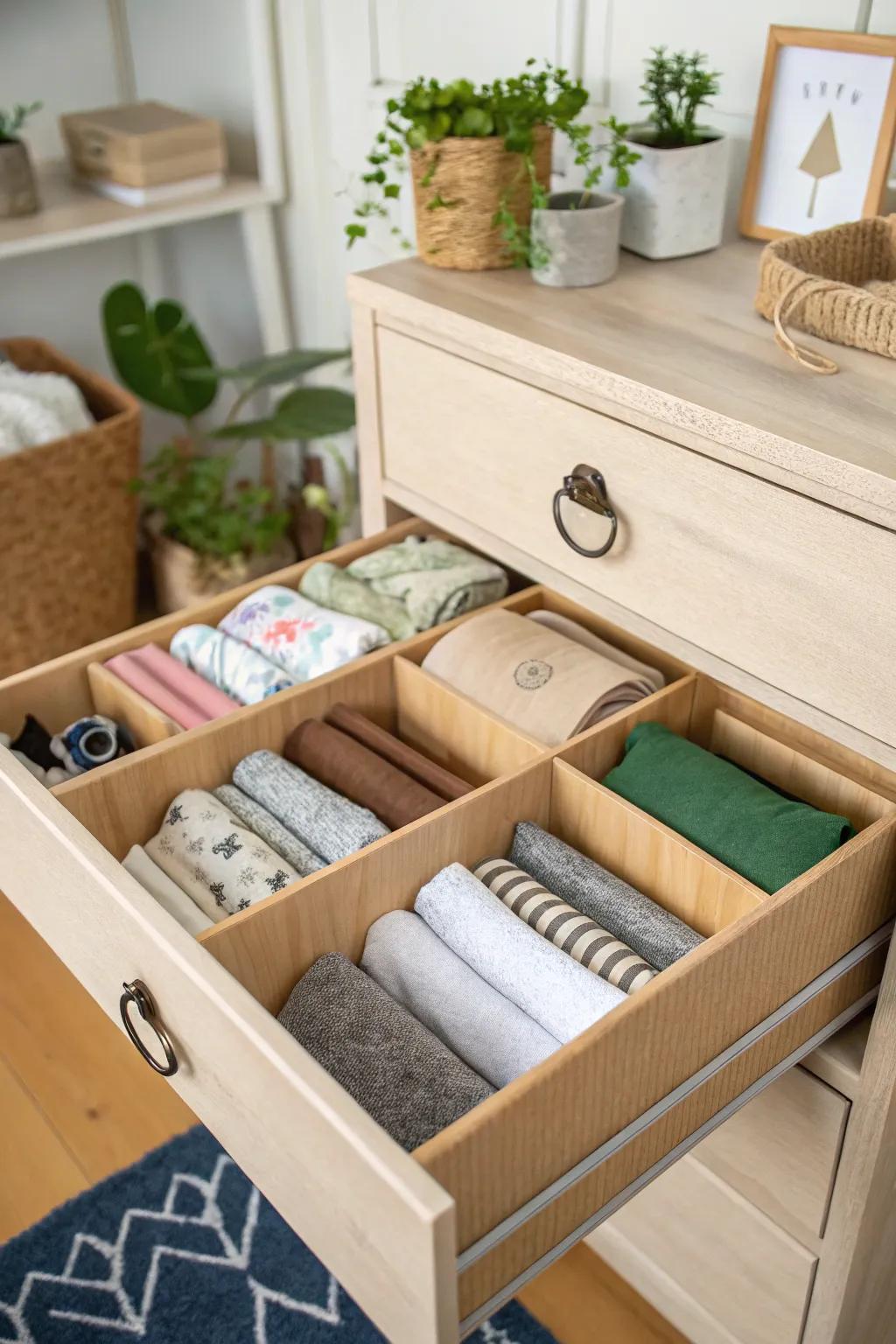 Repurposed boxes for sustainable drawer organization.