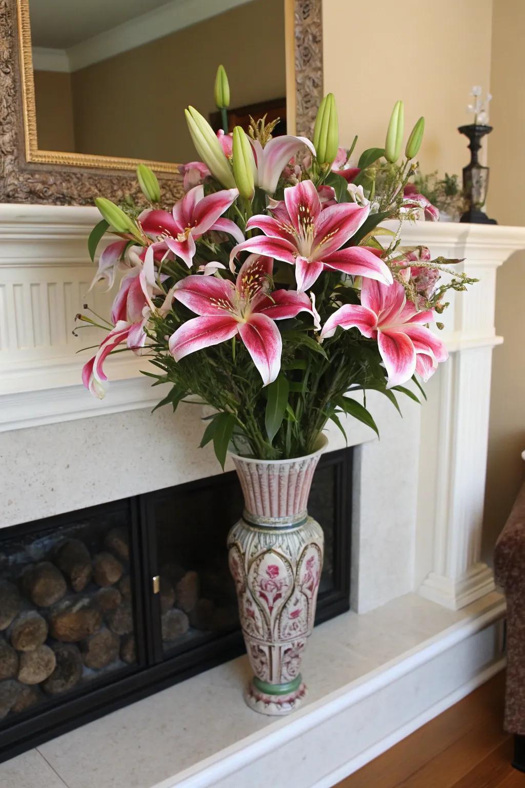 Dramatic stargazer lily arrangement forging a focal point.
