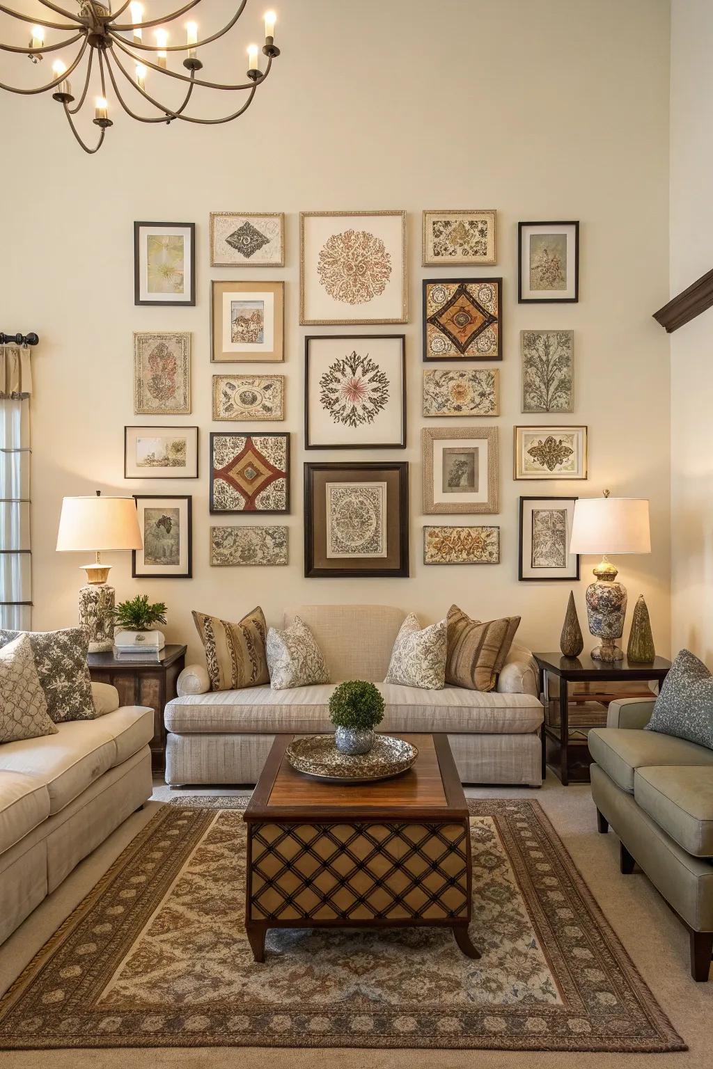 Symmetrical wall art arrangements in a living room.