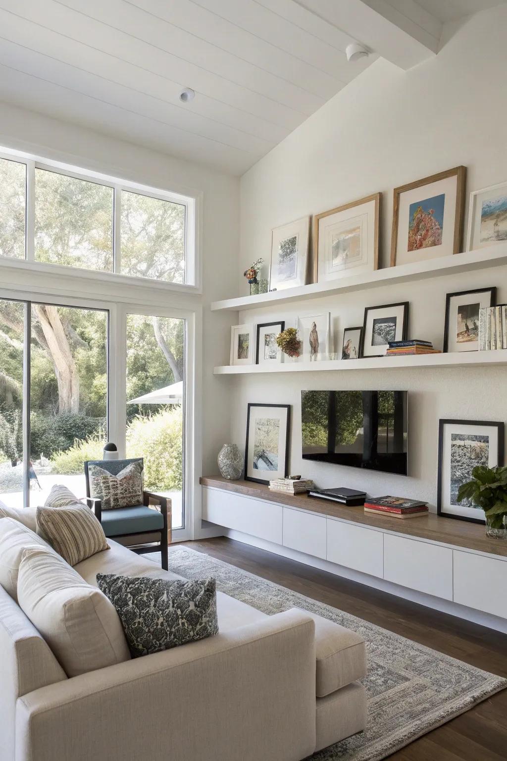 Floating shelves offer a casual and versatile wall collage.