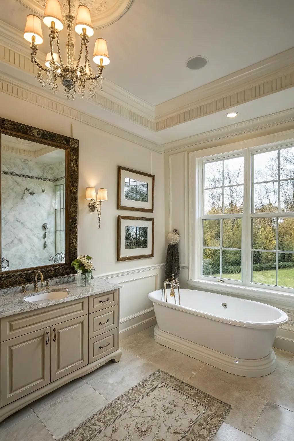 Picture frame molding enhances the elegance of this bathroom.