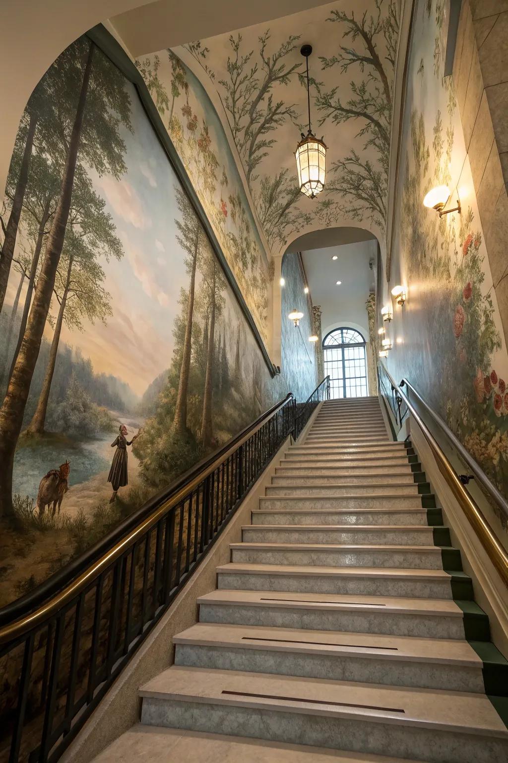 Transform your staircase with panoramic murals.