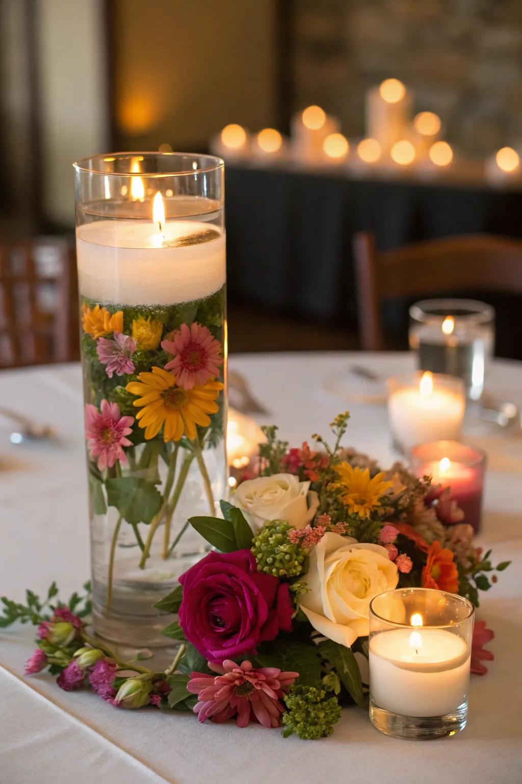Floating blossoms with lights fashion a colorful and fragrant display.