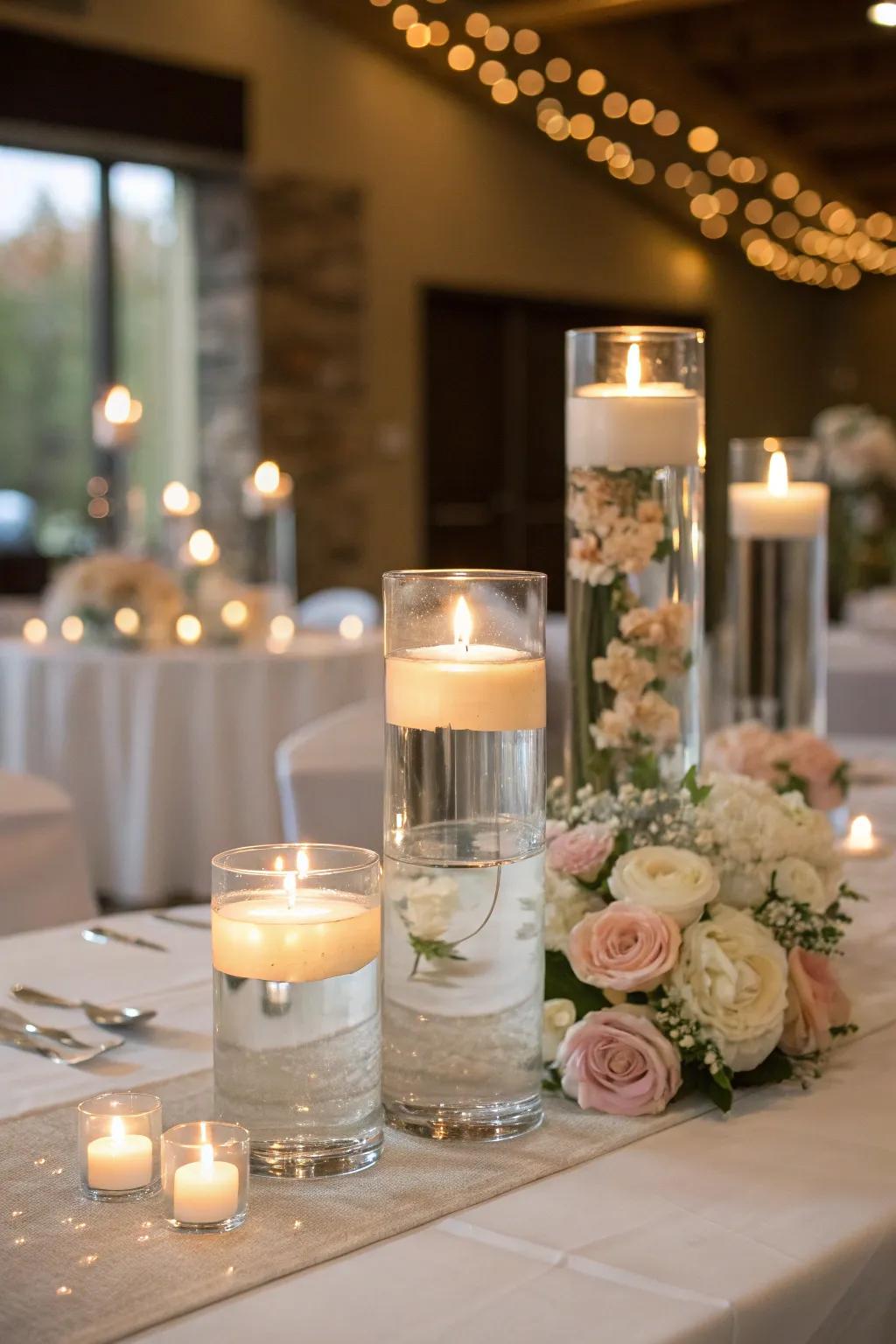 Floating candle displays add a whimsical and magical touch.