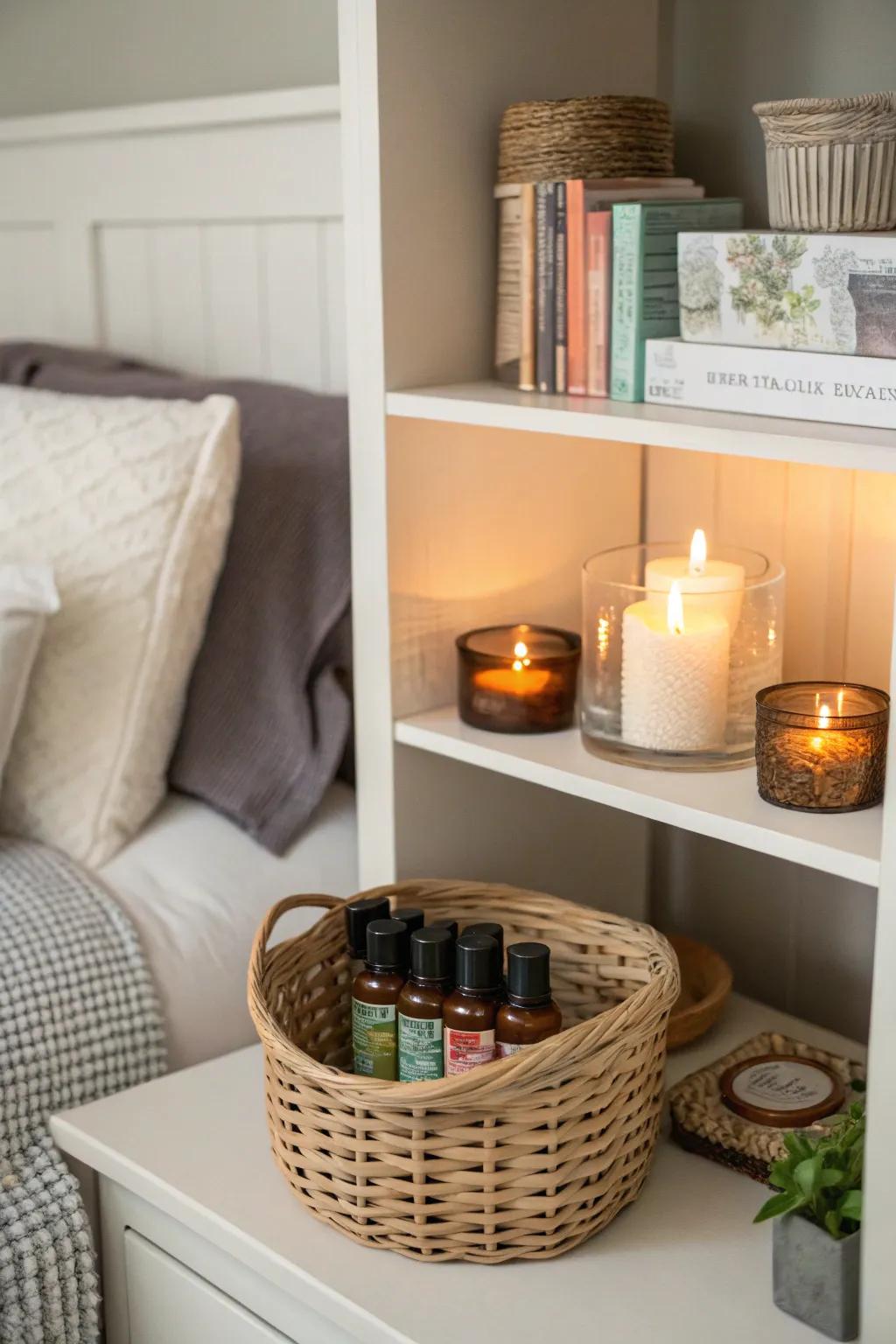 An aromatherapy basket enriches the atmosphere of relaxation within your sleeping quarters.