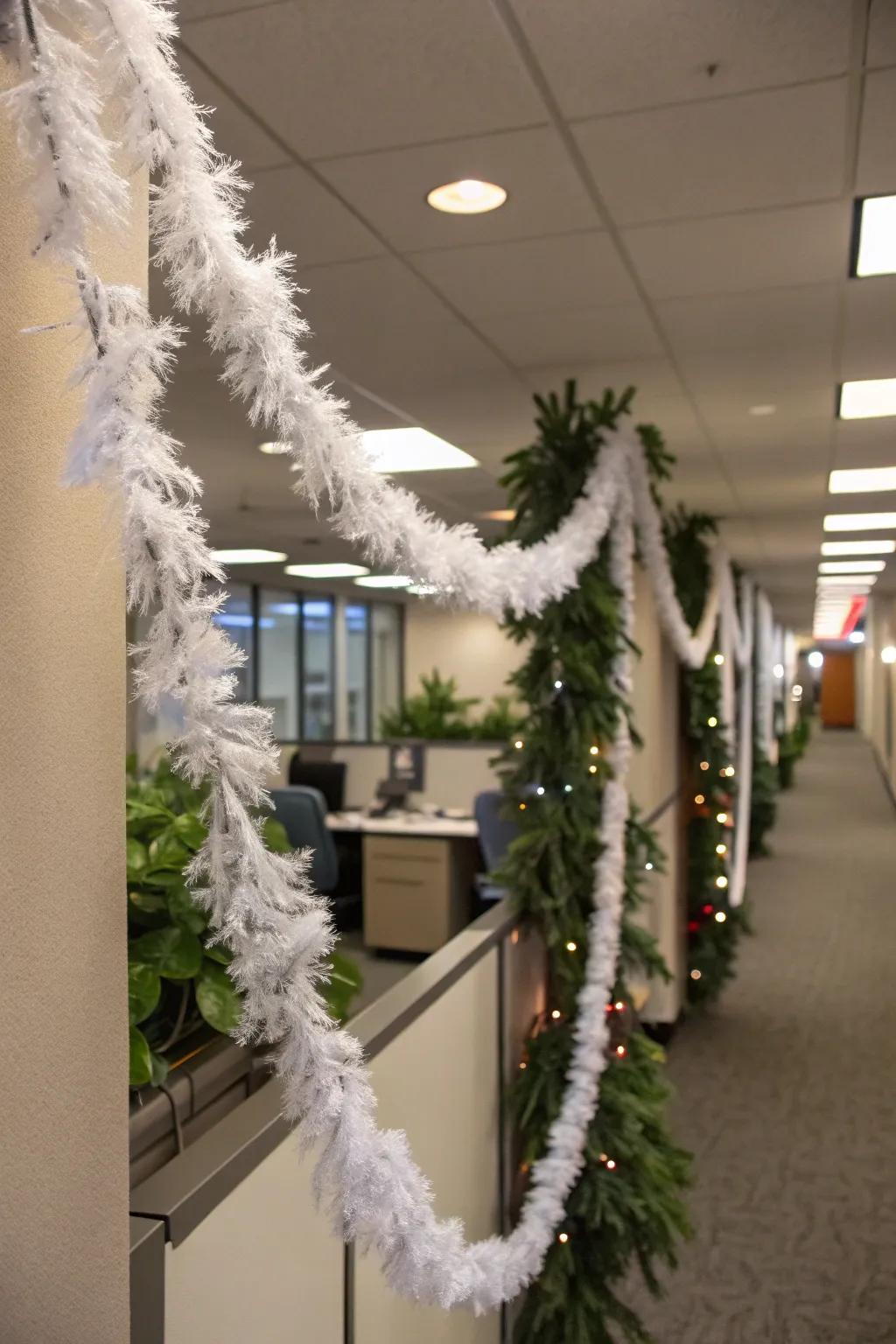 A DIY faux snow garland adds a creative snowy touch to your office.