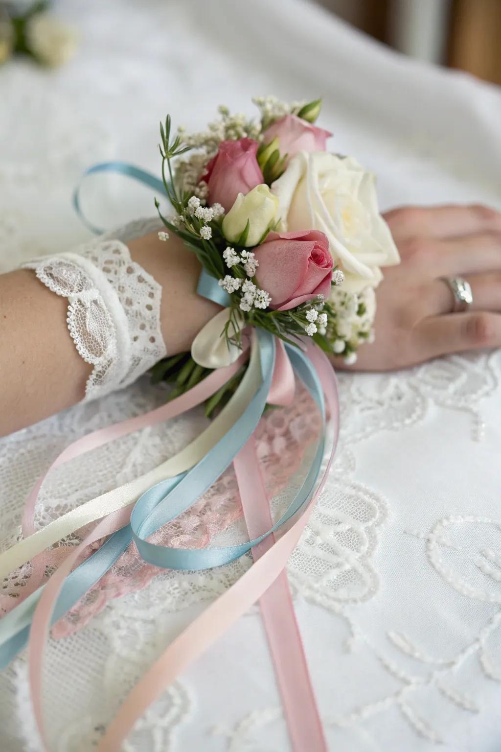 Playful wrist corsage with whimsical ribbon ties.